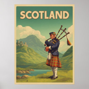 Scotland Vintage Travel - Highland Bagpiper Poster