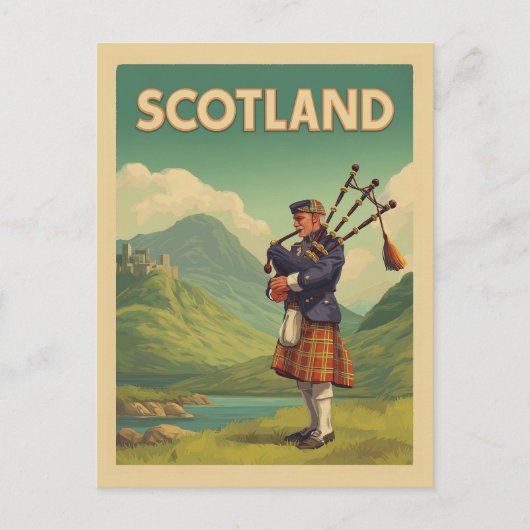 Scotland Vintage Travel - Highland Bagpiper Postkarte (Vorderseite)