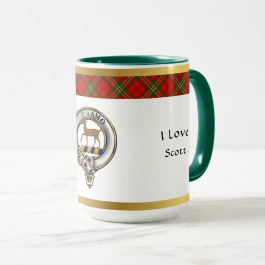 Scott Clan Abzeichen Tartan & Motto Tasse (VorderseiteRechts)