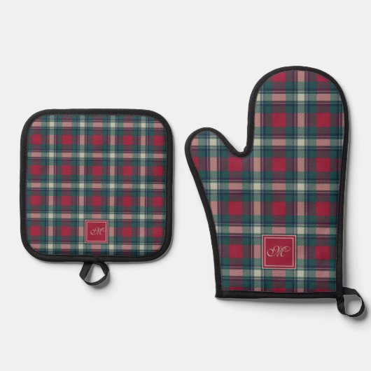 Scott Red Green Modern Scottish Tartan Mit Monogra Ofenhandschuh & Topflappen-Set (Vorderseite)