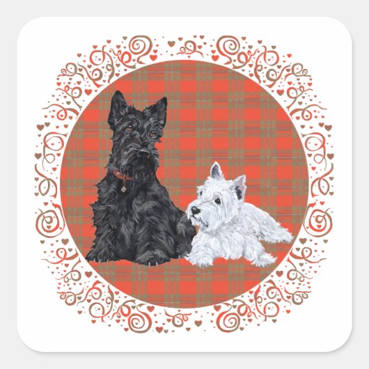 Scottie Adult & Westie Puppy Quadratischer Aufkleber (Vorderseite)