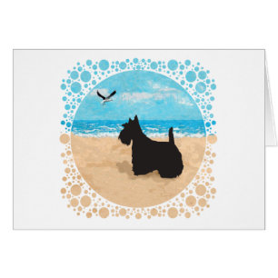 Scottie am Strand mit Möwe