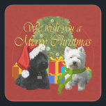 Scottie and Westie Merry Christmas Quadratischer Aufkleber<br><div class="desc">Herzliche Wünsche für ein sehr frohes Weihnachtsfest! Die Scottie und Westie sind ein großer Teil unserer Weihnachtsfeier,  wie wäre es mit Ihnen? Kleidung,  Neuheit und Geschenkartikel,  die mit diesem Design geschmückt sind,  aus meinem Original-Kunstwerk,  um allen ein frohes Weihnachten zu wünschen. . .</div>