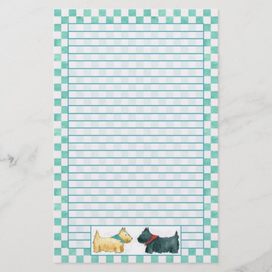 Scottie Dog Aquamarin Green Watercolor Karos Lined Briefpapier (Vorderseite)
