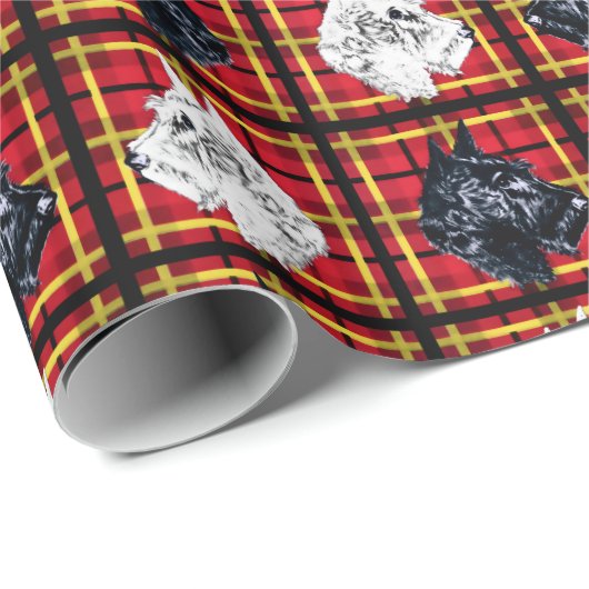 Scottie Dog, Schwarz und Weiß auf karierter Gesche Geschenkpapier (Rolleneckpunkt)