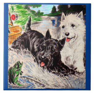 Scottie dogs Blackie und Whitie fishing Fliese