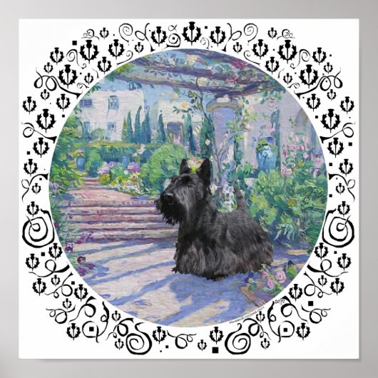 Scottie im Frühlingsgarten Poster (Vorne)