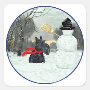 Scottie und Snowman Quadratischer Aufkleber