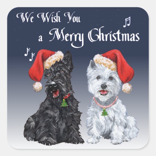 Scottie & Westie Christmas Carols Quadratischer Aufkleber (Vorderseite)