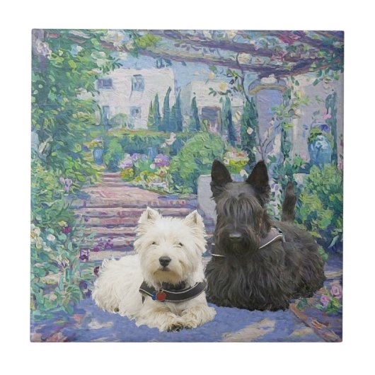 Scottie & Westie in Cosy Garden Fliese (Vorderseite)