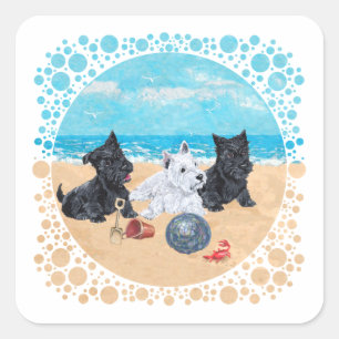 Scottie & Westie Welpen am Strand Quadratischer Aufkleber