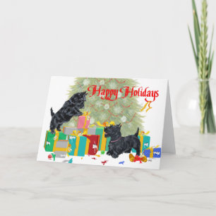 Scotties sortieren die Weihnachtsgeschenke Feiertagskarte