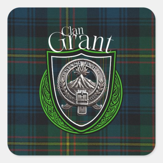 Scottish Clan Grant Tartan und Wappen Quadratischer Aufkleber (Vorderseite)