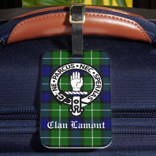 Scottish Clan Lamont Wappen Abzeichen und Tartan Gepäckanhänger (Vorderseite Insitu 2)