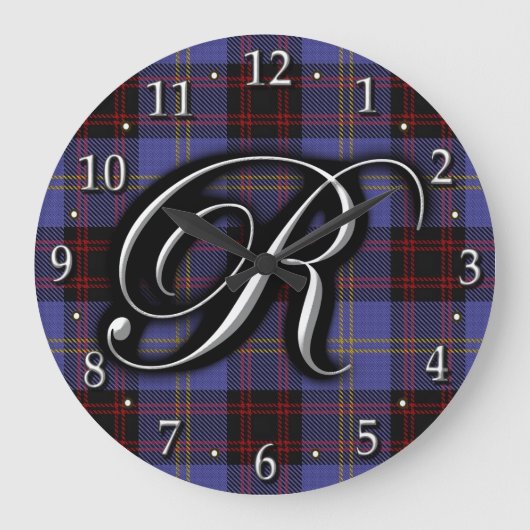 Scottish Clan Rutherford Letter R Monogram Tartan Große Wanduhr (Vorderseite)