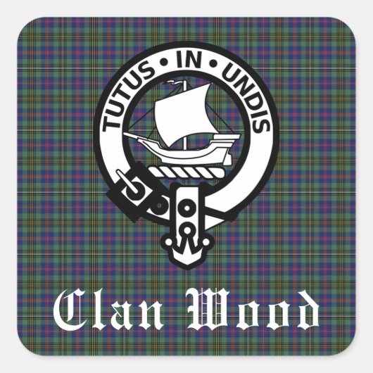 Scottish Clan Wood Wappen & Tartan Quadratischer Aufkleber (Vorderseite)