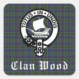 Scottish Clan Wood Wappen & Tartan Quadratischer Aufkleber