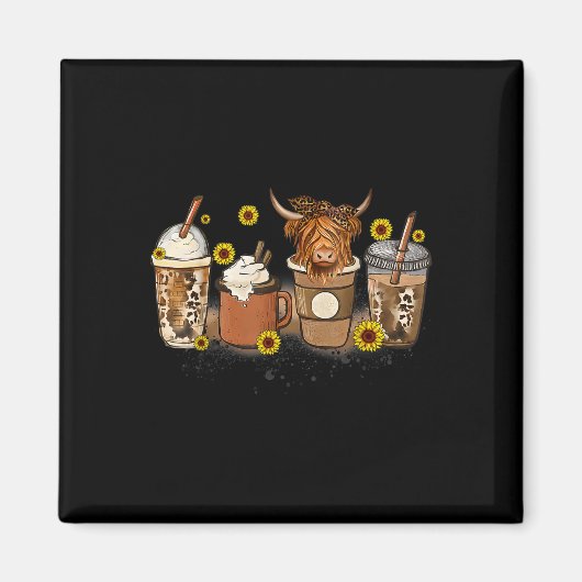 Scottish Cow Sunflower Fall Vibes Coffee Lover Magnet (Vorne)