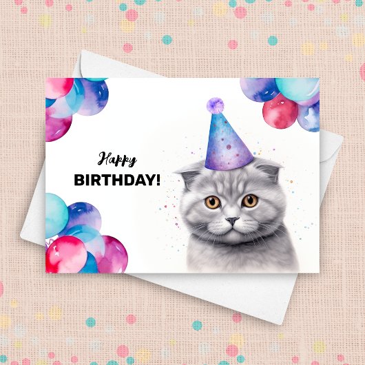 Scottish Fold Cat Balloons and Party Hat Birthday Karte
