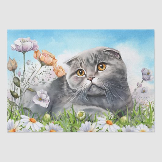 Scottish Fold Cat Floral Watercolor Seidenpapier (Vorderseite)