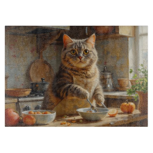 Scottish Fold Katze kocht in der Küche Schneidebrett (Vorderseite)