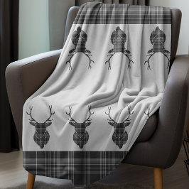 Scottish Gray Tartan Rustic Stag Head Antler Fleecedecke