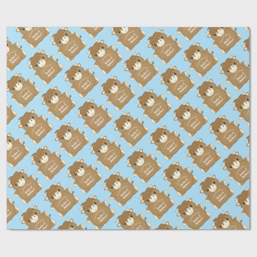 Scottish Highland Cow Baby Shower Blue Geschenkpapier (Flach)
