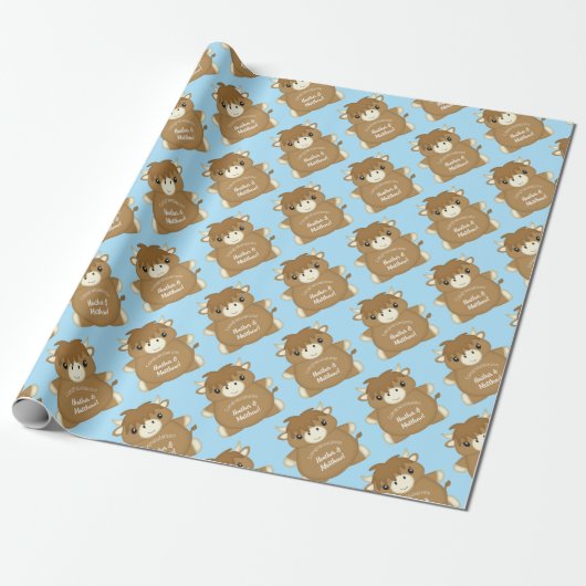 Scottish Highland Cow Baby Shower Blue Geschenkpapier (Ungerollt)