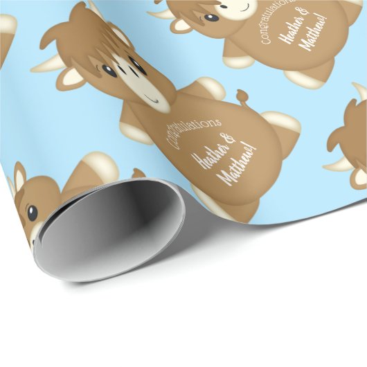 Scottish Highland Cow Baby Shower Blue Geschenkpapier (Rolleneckpunkt)