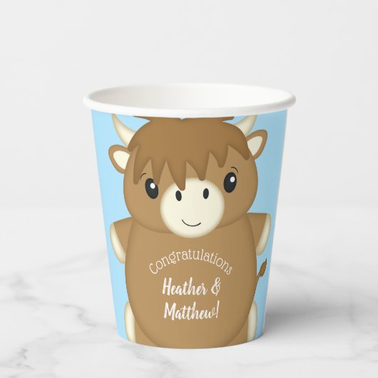 Scottish Highland Cow Baby Shower Blue Pappbecher (Rückseite)