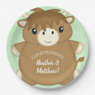 Scottish Highland Cow Baby Shower Green Pappteller