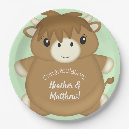 Scottish Highland Cow Baby Shower Green Pappteller (Vorderseite)