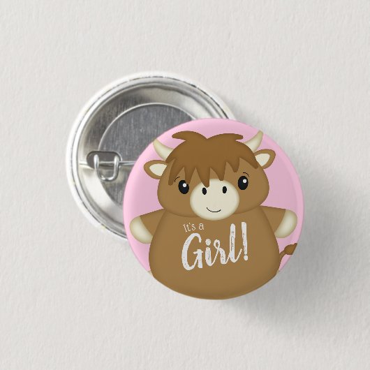 Scottish Highland Cow Baby Shower Pink Button (Vorne & Hinten)