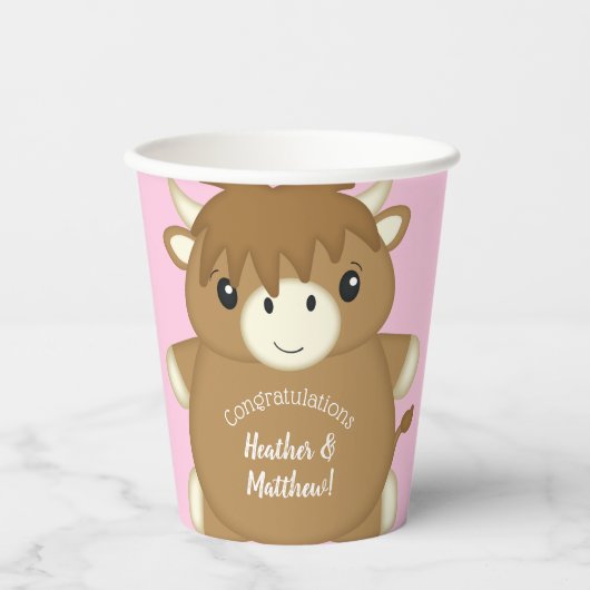 Scottish Highland Cow Baby Shower Pink Pappbecher (Vorderseite)