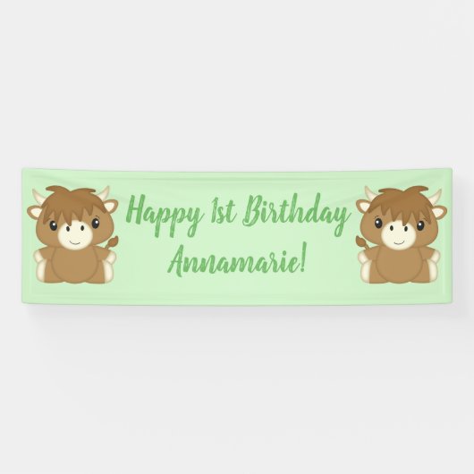 Scottish Highland Cow Birthday Party Green Banner (Horizontal)