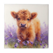 Scottish Highland Cow Calf Lila Wildblumen Fliese (Vorderseite)