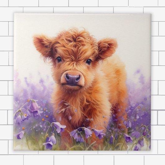 Scottish Highland Cow Calf Lila Wildblumen Fliese