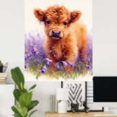 Scottish Highland Cow Calf Lila Wildblumen Poster (Heimbüro)