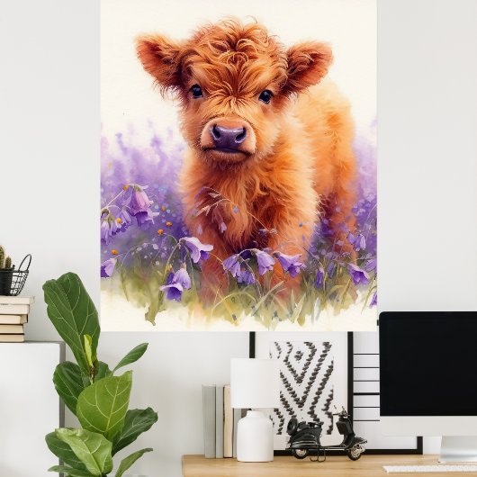 Scottish Highland Cow Calf Lila Wildblumen Poster (Heimbüro)