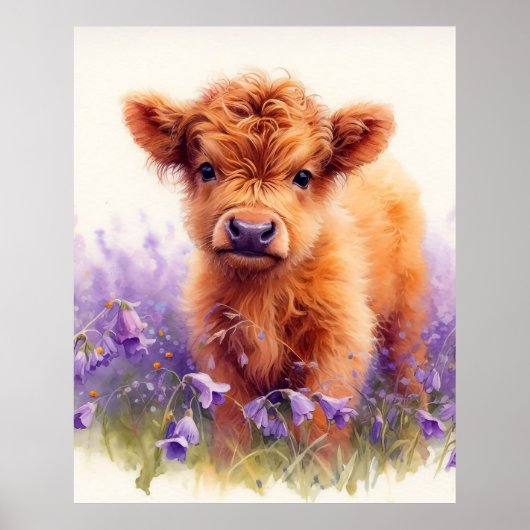 Scottish Highland Cow Calf Lila Wildblumen Poster (Vorne)