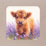 Scottish Highland Cow Calf Lila Wildblumen Quadratischer Aufkleber<br><div class="desc">Ein Aufkleber mit einem Aquarell-Gemälde eines bezaubernden braunen schottischen Highland-Kalbes in einem Feld lila Wildblumen. Ein niedliches schottisches Highland-Cow-Dekor,  das sich perfekt für ein Babyzimmer eignet,  das im barnyard-Stil eingerichtet ist.</div>