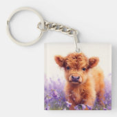 Scottish Highland Cow Calf Lila Wildblumen Schlüsselanhänger (Vorderseite)