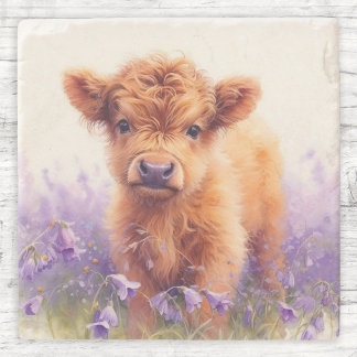 Scottish Highland Cow Calf Lila Wildblumen Steinuntersetzer