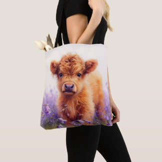 Scottish Highland Cow Calf Lila Wildblumen Tasche