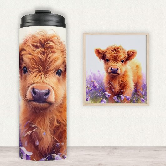 Scottish Highland Cow Calf Lila Wildblumen Thermosbecher