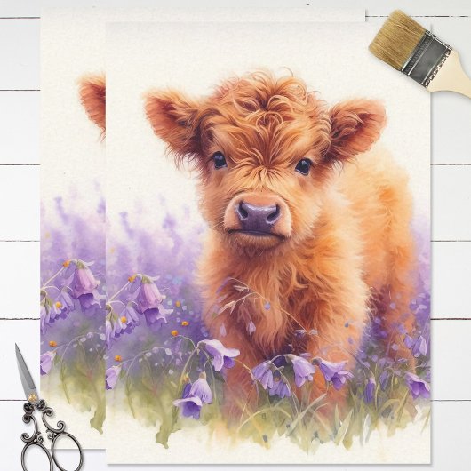 Scottish Highland Cow Calf Wildblumen Decoupage Seidenpapier