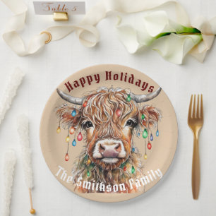 Scottish Highland Cow Christmas Lights Pappteller