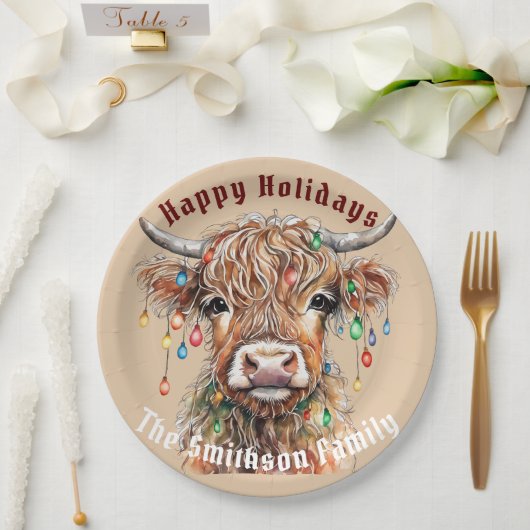 Scottish Highland Cow Christmas Lights Pappteller (Hochzeit)