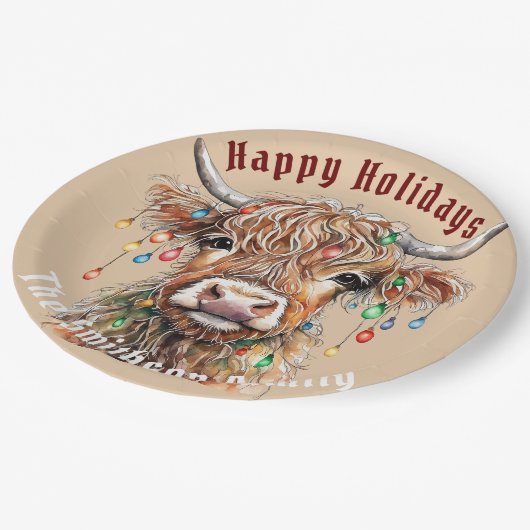 Scottish Highland Cow Christmas Lights Pappteller (Schrägansicht)