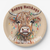 Scottish Highland Cow Christmas Lights Pappteller (Vorderseite)